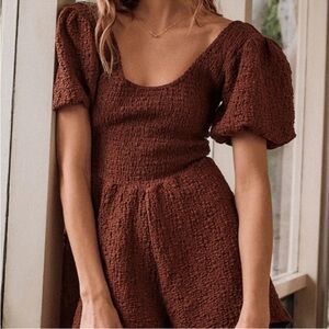 NWT Saltwater Luxe Brown Textured Puff Sleeve Romper XS